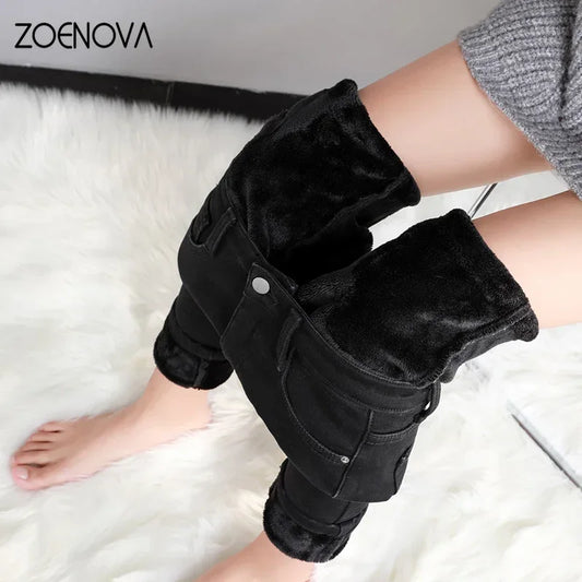 Women Thick Velvet Jeans Fleece Warm Korean Fashion High Waist Skinny Elastic Pants
