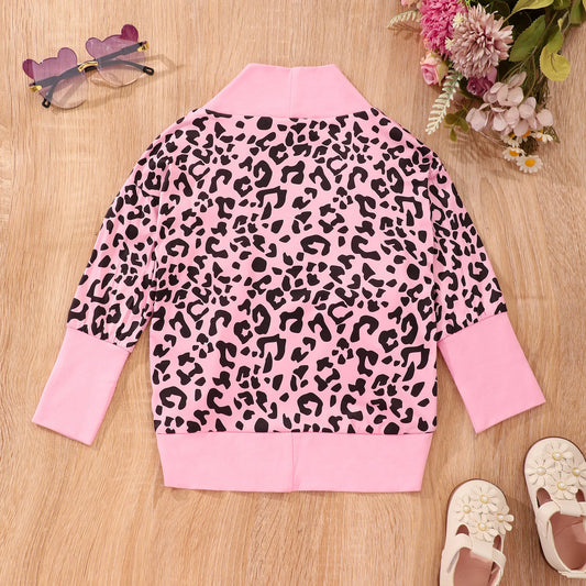 2023 Spring and Autumn Girls Clothing Long Sleeve Leopard Pocket Cardigan Coat