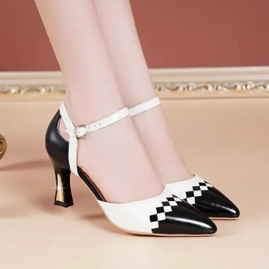 Women Cute Pointed Toe Pink Crystal Buckle Strap High Heel