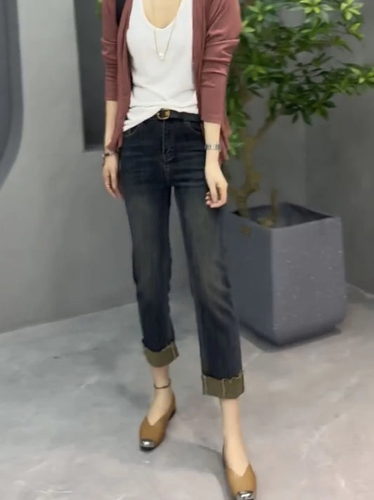Women's Jeans Large Size Nine Straight Pants Rolled Jeans Women