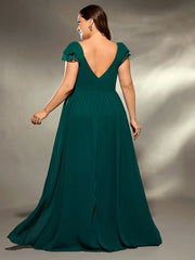 Mgiacy plus size V-neck irregular folding double layer lotus sleeve chiffon slit skirt