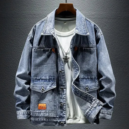 Denim Jackets Man Cargo Button Jeans Coat for Men Gray One Piece Cowboy Washed Clothing