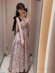 Elegant Slash Neck Off Shoulder Print Dress Lace Up Sweet Bow