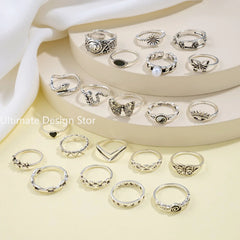 21pcs Set Punk Style Butterfly Heart Stainless Steel Ring and Tai Chi Design