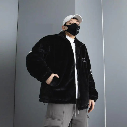 High Quality Faux Mink Stand Collar Cotton-padded Jacket Men's Winter Couple Coat