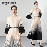 Pleated Long Dress Women O-Neck Lace-up Belt Print Loose Large Size Vintage Party