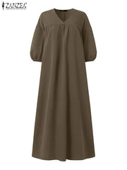 Women Summer Maxi Dress Fashion Solid Long Robe V Neck Half Puff Sleeve