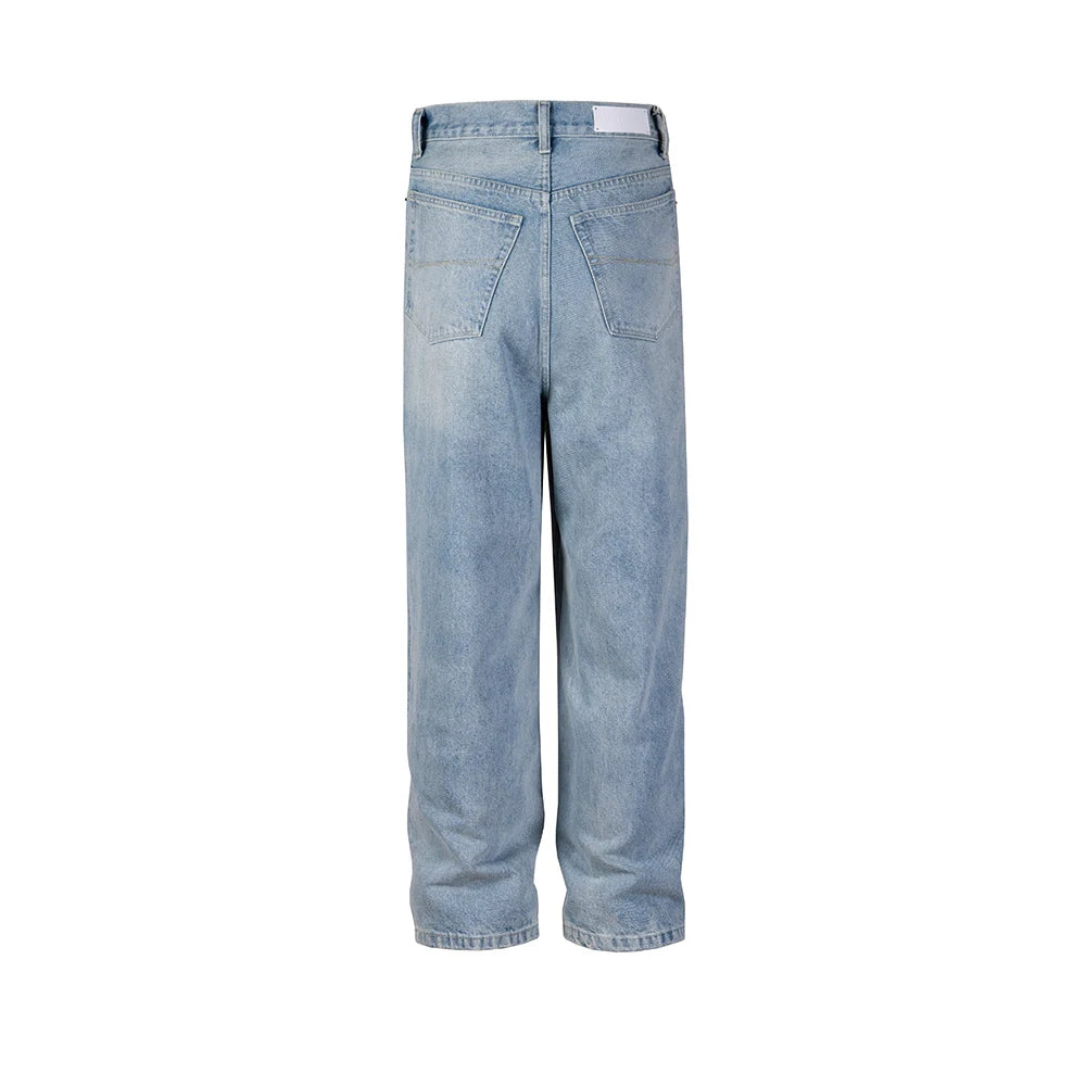 High Street Washed Blue Wide Leg Baggy Jeans for Men and Women Straight
