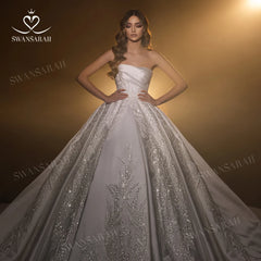 White Bridesmaid Dresses: Wedding Dress Luxury Beaded Satin A-Line Bride Gown