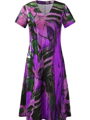 Plus Size Summer Loose Dress Women's V Neck Printed High Waist Evening Party