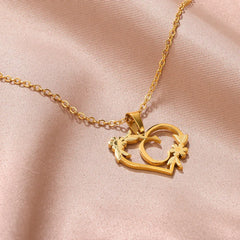 Gold Color Dainty Flower Initials Necklace Women Girl Stainless Steel Heart Letter