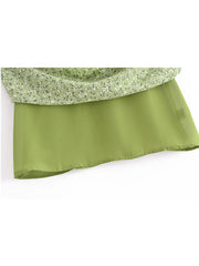 Women Vintage Green Floral Print Thin Strap Chiffon Dress