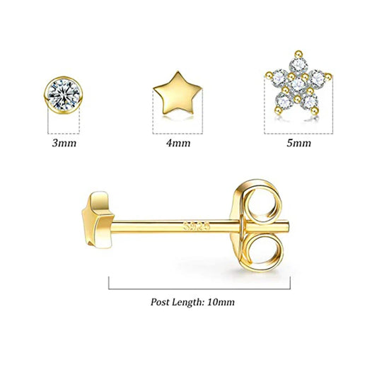 CANNER 3pcs/set Bling Zircon Earring 925 Sterling Silver Cute Mini Heart Star Stud Earrings Ear Bone Earlobe Piercing Jewerly