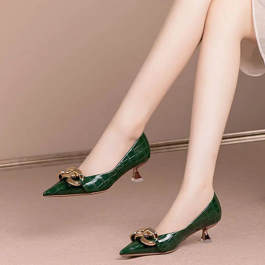 Fashion Women Shoes Pointed Toe Pumps Low Heel Metal Chain Woman High Heels