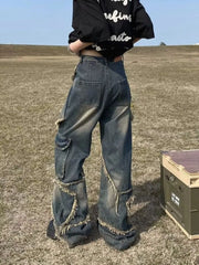 American Retro Washed Wide-Leg Star Patch Jeans Women High Street Y2K