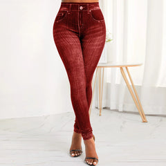 Women's Faux Denim Jeans High Waist Pants Ladies Casual Stretchy Skinny Trousers