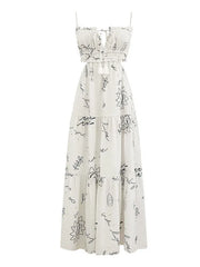 Evening Dresses: White Graffiti Print Sweet Hollow Out V Neck Tassel Sleeveless