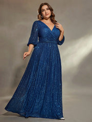 Mgiacy plus size V-neck bust pleated mid-long sleeve A-frame sequin long dress