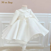 Baby Girl Princess Silk Peter Pan Collar Dress Long Sleeve Child Vintage Bow