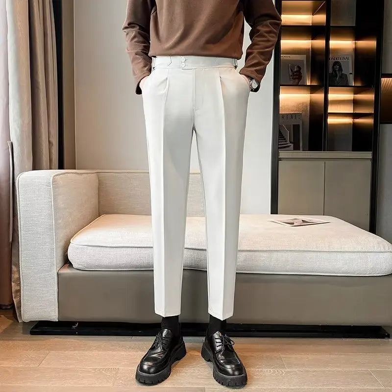 British Style Solid High Waist Draped Trousers Korea Men Formal Blazer Pants Slim