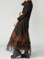 Plus Size Women's Dress Cowl Neck Patchwork Mesh Tiered Long Sleeve Maxi Dress