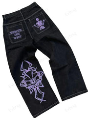 Women's Skeleton Embroidery Jeans, Men's Casual Street Style Loose Fit Jeans