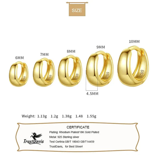 TrustDavis Real 925 Sterling Silve Fashion Inside Diameter 6 7 8 9 10mm Hoop Earrings For Women Men Personality Jewelry DG0132