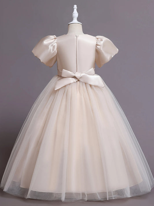 Champagne Long V-Neck Beaded Bubble Sleeve Floral Mesh Dress Holiday Party Piano Performance Dress For Girls Ages 3-12