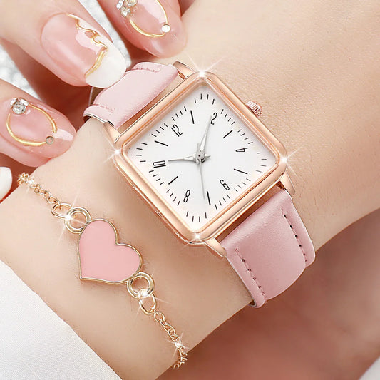 6PCs/Set Women's Fashion Watch Square Simple Dial Leather Quartz Watch with Love Bracelet Set