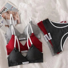 Women Cotton Bra Set Briefs Low Waist Panties Wire Free Bralette Sport Lingerie