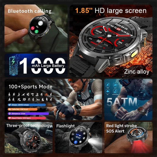 1000mAh Super Large Battery Military Smart Watch BT Call LED Flashlight SOS Alarm 5ATM Waterproof Outdoor Tactical Watches Men