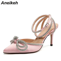 Glitter Rhinestones Women Pumps Crystal Bowknot Satin Lady Silk High Heels