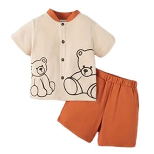 2PCS Child Boy Clothes Set Bear Print Button Style Short Sleeve Top+Shorts Fashiona Birthday Party Outfit For Kid Boy 1-6 Years