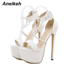 High Heel Women Shoes Open Toe PU Solid Ankle Buckle Strap Platform Sandals