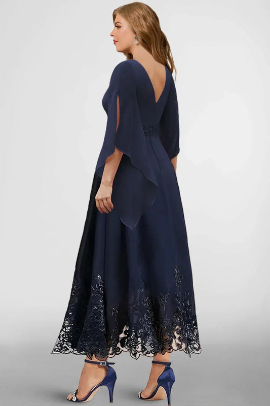 Plus Size Formal Navy Blue Chiffon Lace Stitching 3/4 Sleeve Tunic Maxi Dress
