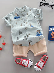 Infant and toddler summer full print bear driving pattern short sleeved shorts set for outdoor standing collar shirt fashion two