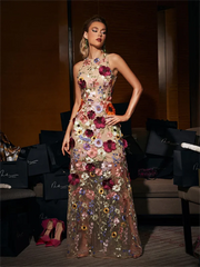 Homecoming Dresses: Flower Lace Embroidery Prom Dresses Crew-neck Evening Dress
