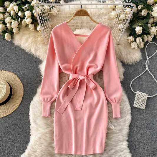 Evening wear Dresses: Women Dress Elegant Sash Bandage Bodycon Mini Dress