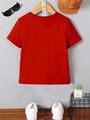 Two-Piece Boy Fashion Short Sleeve Suit, Red Car Print Top With Black Car Print Pants, Casual Trend