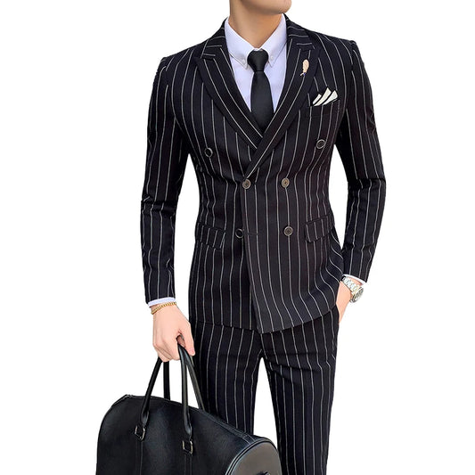 Tuxedo for Mens: Men's Striped Wedding Casual Tuxedo Men's British Slim Suit 2pcs