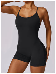 Women Fitness Jumpsuit Running Workout One Piece Yoga Suit Scrunch Butt Shorts