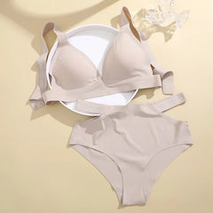 Leopard Print Underwear Set Seamless Wireless Bra Hollow Out With Low Waist