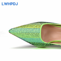 Matching Shoes and Bags: Green Color Water Drill Design High Heels Pointed Toe