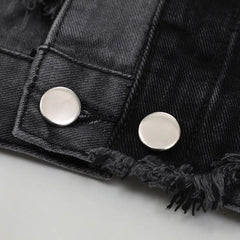 American High Street Washed Gray-black Stitching Pierced Denim Jacket