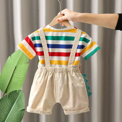 Summer New 2025 Fashionable Children's Boys' Colorful Striped Cotton Short Sleeved/cartoon Dinosaur Overalls Two-piece Set 1