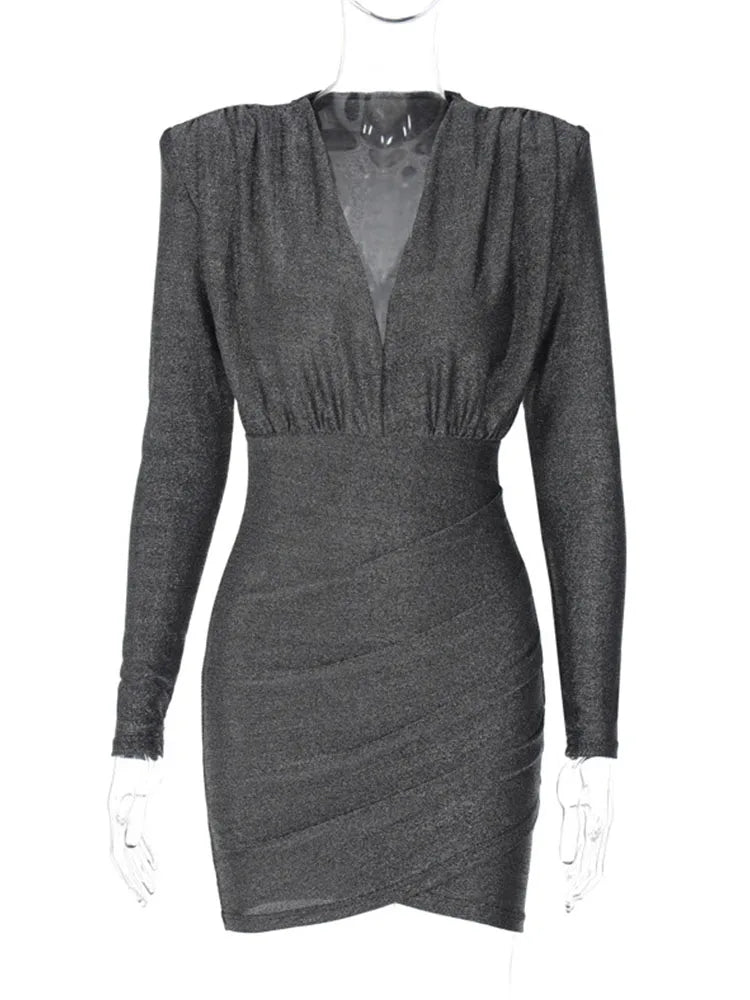 Formal attire Dresses: Elegant Long Sleeve V Neck Shoulder Pads Bodycon Ruched Dress