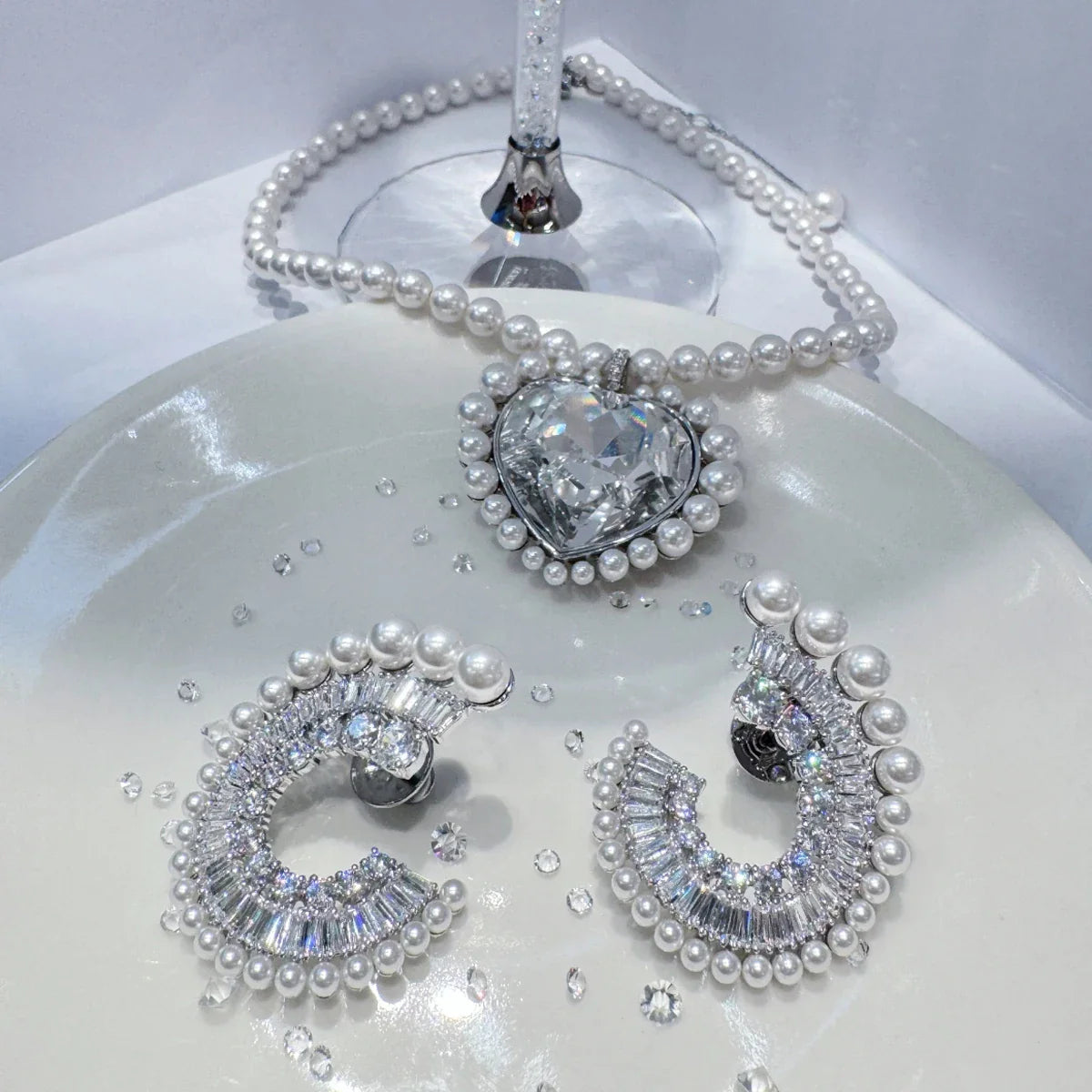 2025 New Trend Fine Wedding Jewelry Set Charm Silver Heart shaped Crystal Luxury Pearl Necklace Earrings Romantic Gift for Women