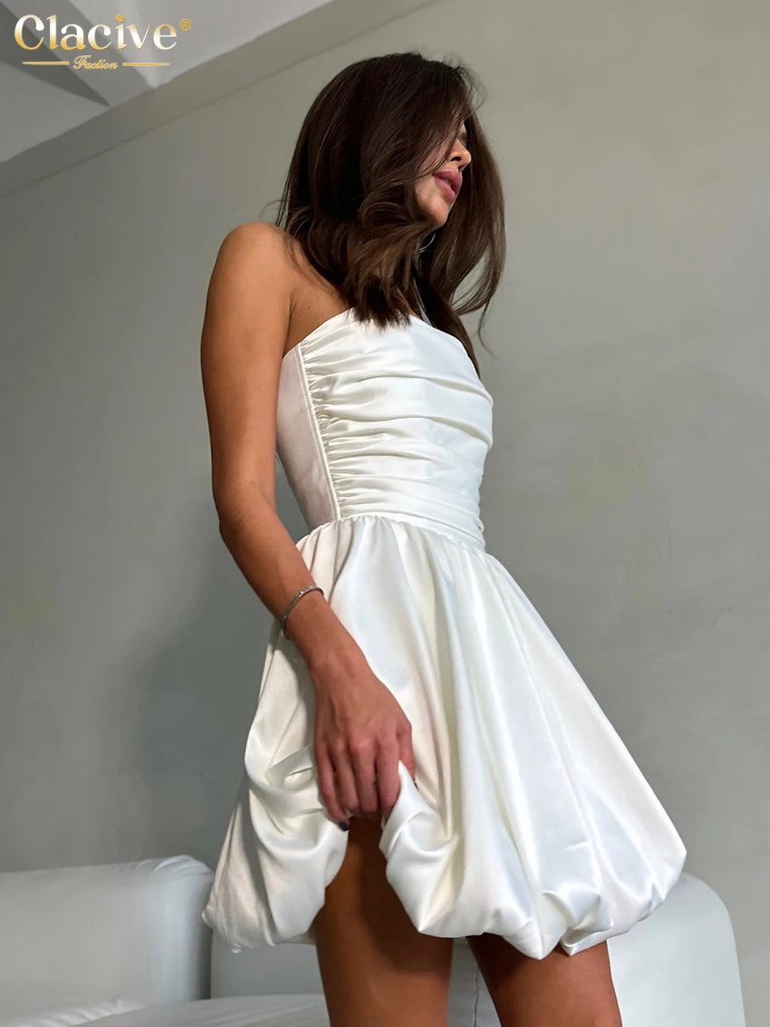 Slim White Satin Dress Lady Summer Strapless Sleeveless Mini Dress