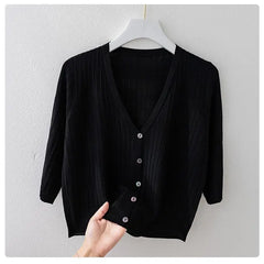 Fashion Women Solid Knitted Sweaters Coats Spring Summer Half Sleeve V-neck