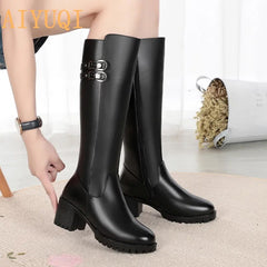 Genuine Leather Wool High Heel High Boots Women Large Size